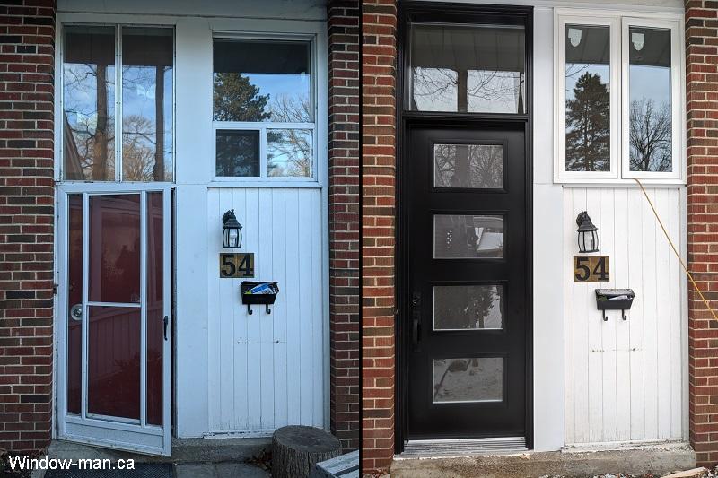 Before and After. Single insulated black high entry front door. Contemporary shaker style door. Acid etched glasses. 8 foot tall door 96 inches and transom 130 inch total